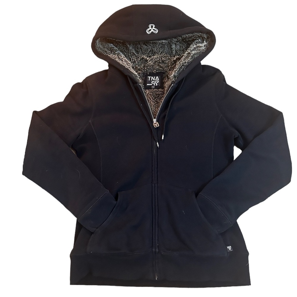 Womens ARITZIA TNA Hoodie with Faux Fur SZ L Black Full Zipper & Pockets. - Picture 2 of 13